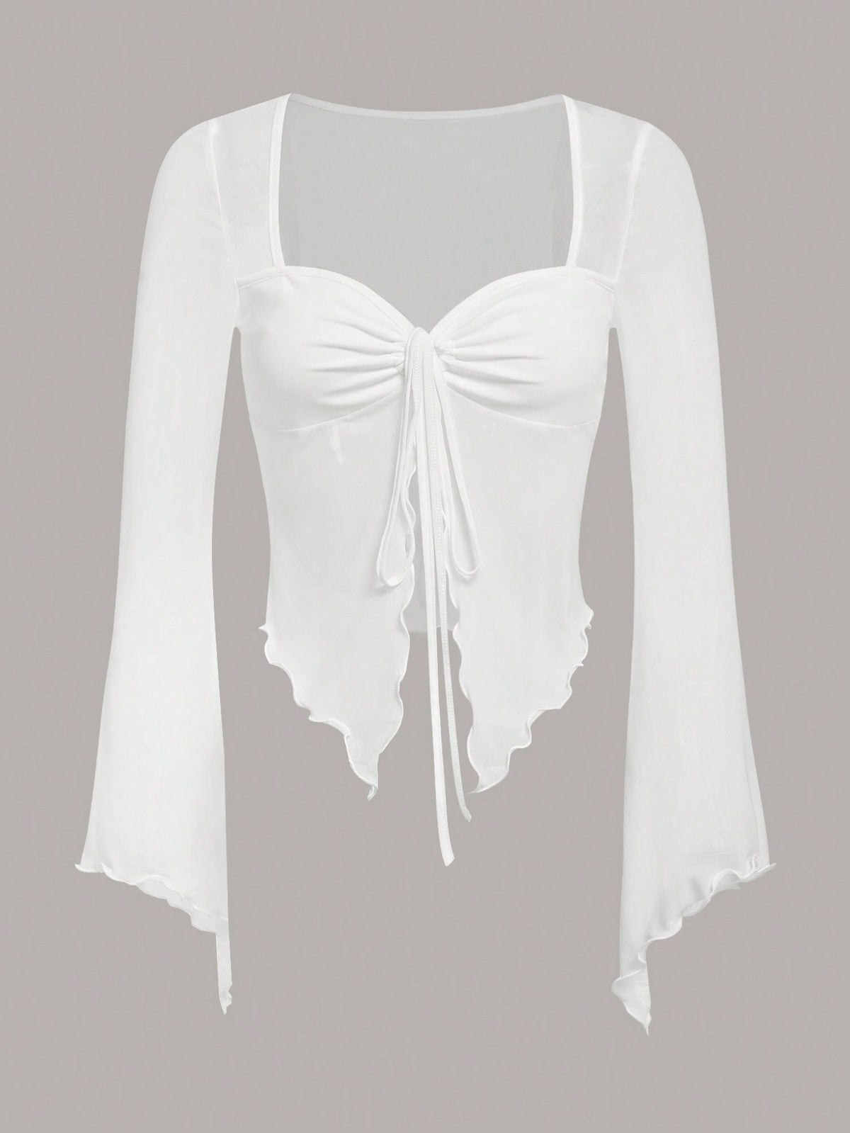 Semi-sheer mesh top featuring a sweetheart neckline with front knot detail, long flare sleeves, lined body, and an asymmetrical hem.