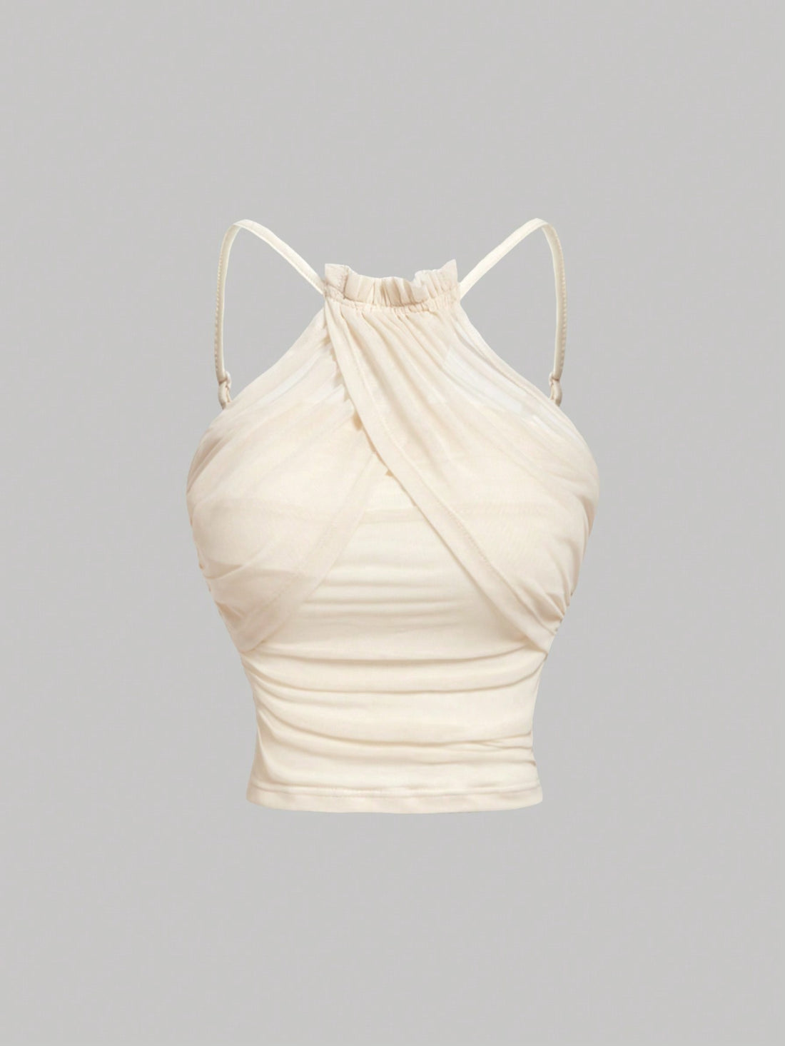 Women's apricot ruched crop tank top featuring spaghetti straps, frill details, and a slim fit design.
