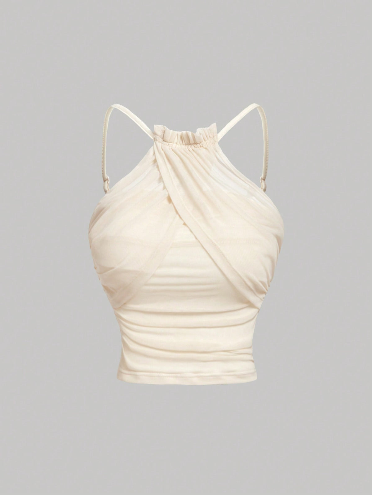 Women's apricot ruched crop tank top featuring spaghetti straps, frill details, and a slim fit design.
