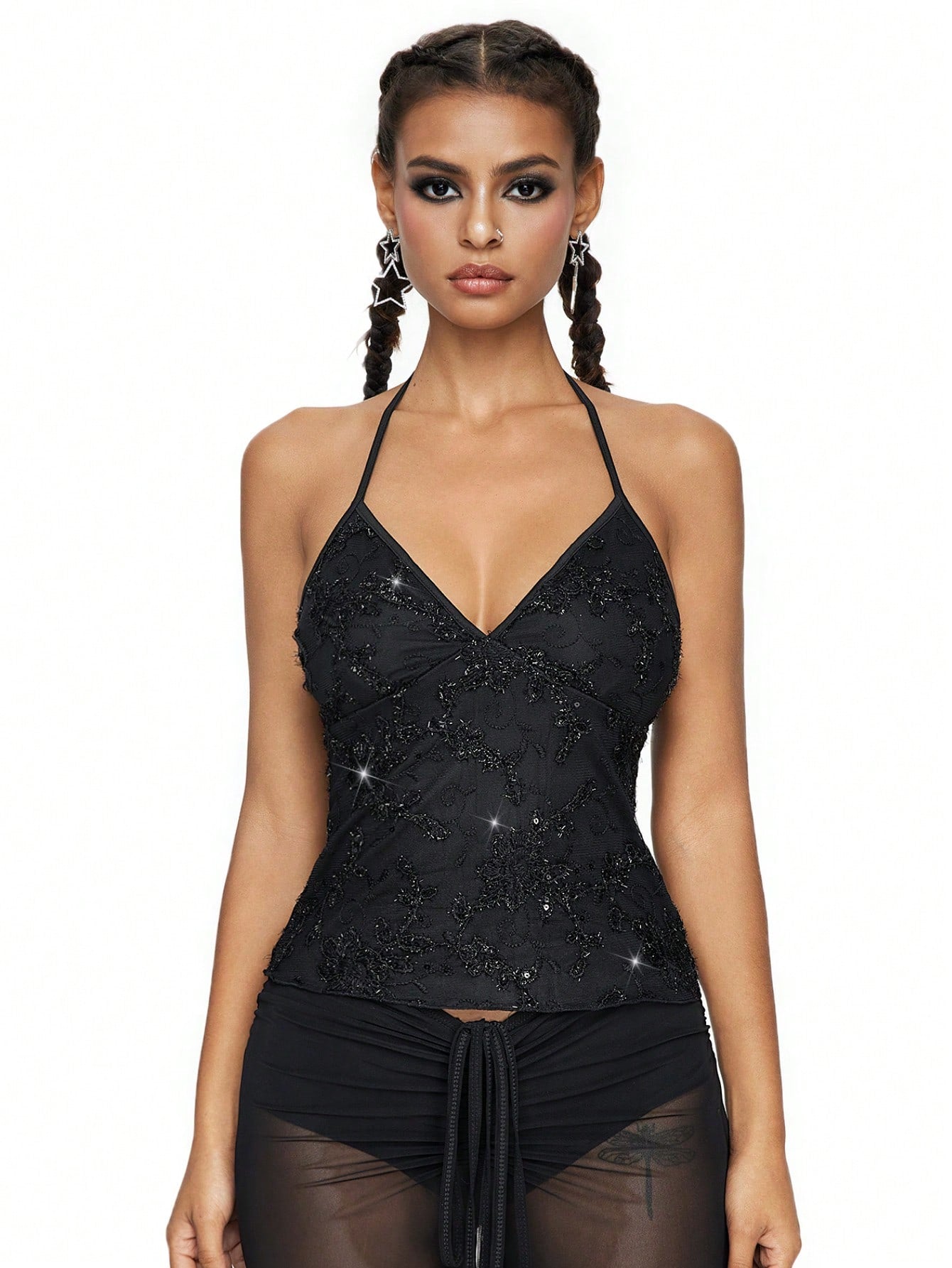 Mesh lace halter top with contrast sequin floral vine embroidery, backless knot detail, and regular fit styling for party, stage, concert, or Halloween looks.