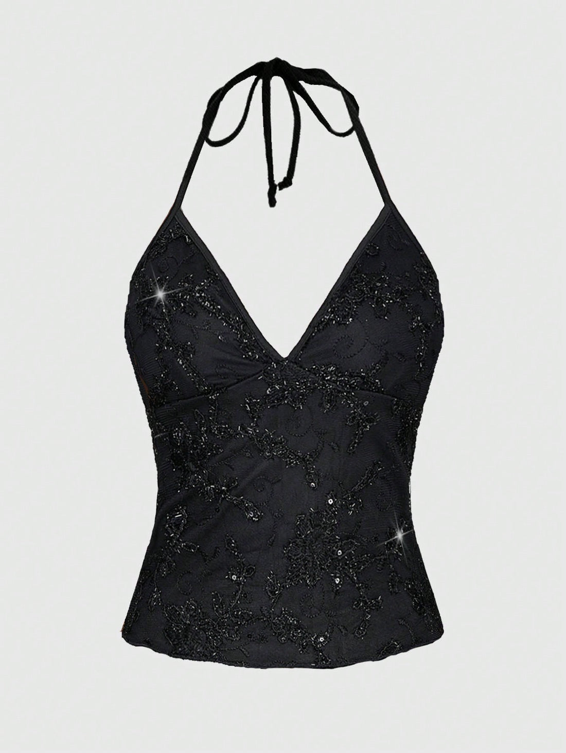 Mesh lace halter top with contrast sequin floral vine embroidery, backless knot detail, and regular fit styling for party, stage, concert, or Halloween looks.