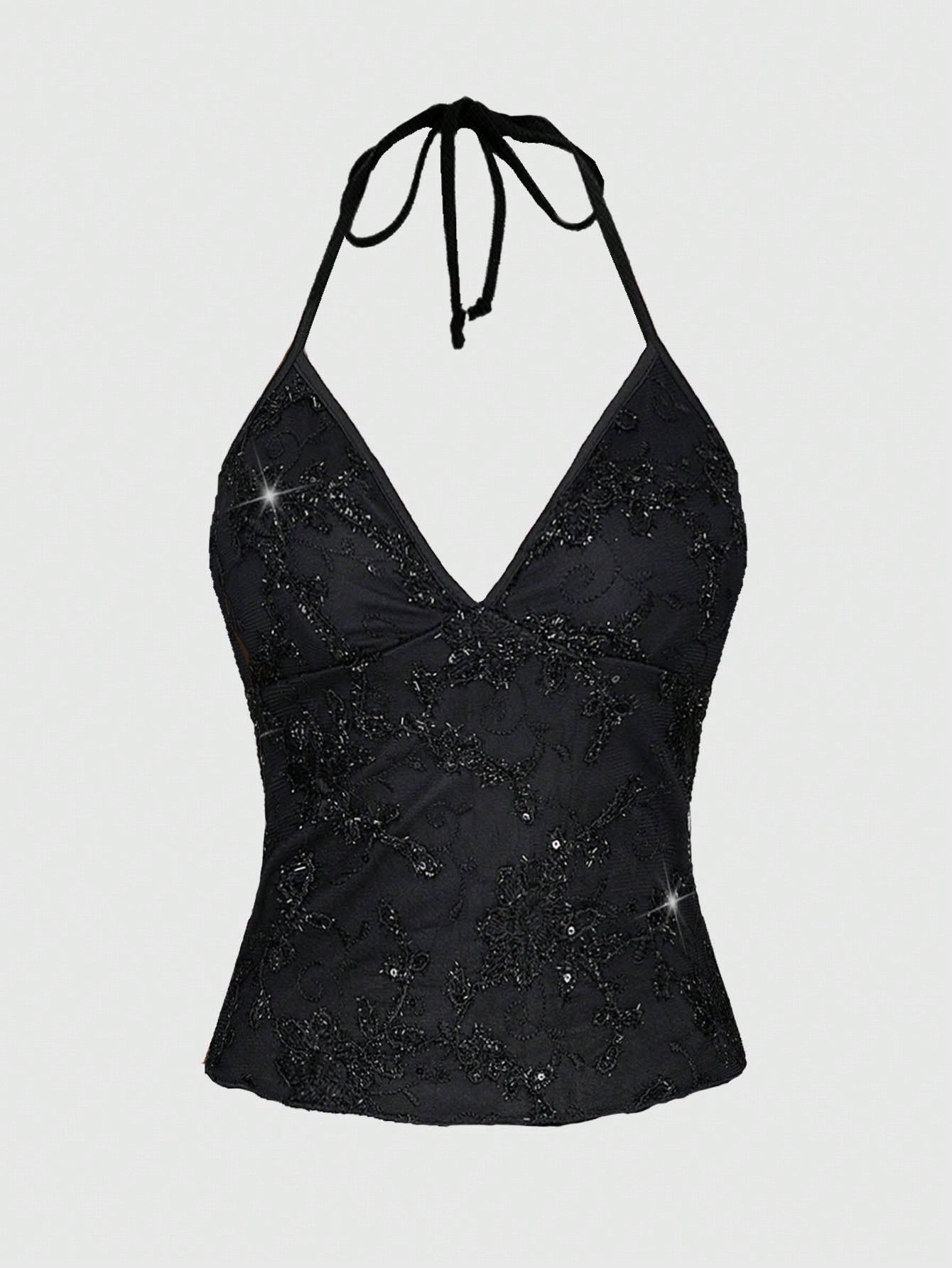 Mesh lace halter top with contrast sequin floral vine embroidery, backless knot detail, and regular fit styling for party, stage, concert, or Halloween looks.