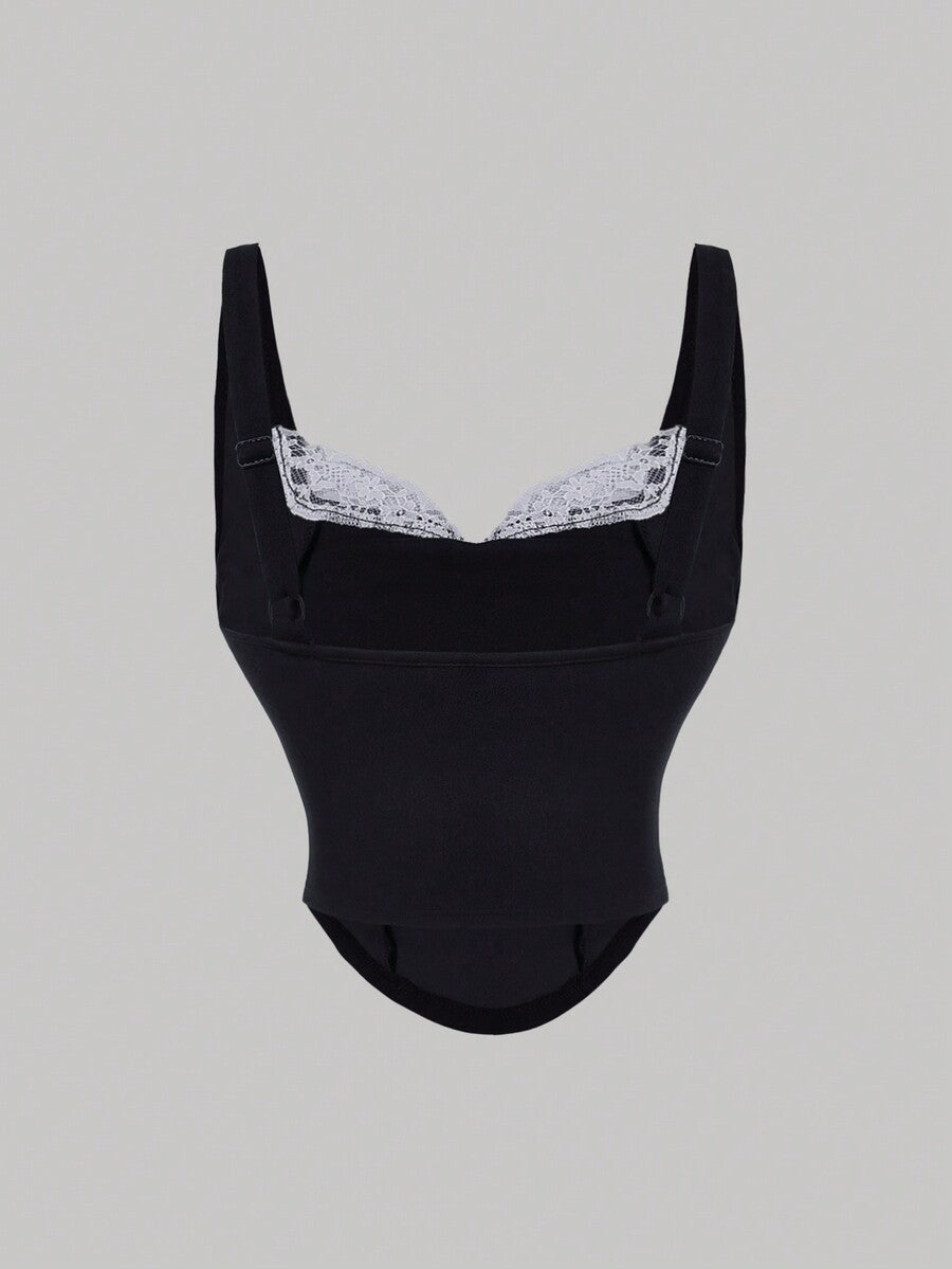 women's black wide-strap tank top featuring a lace collar, detachable bow chain decor with pearl details, and an asymmetrical hem.
