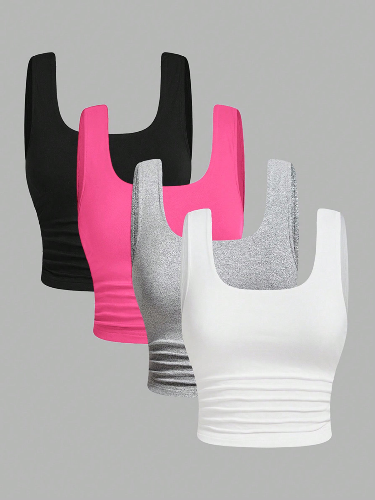 Women's knitted slim fit crop camisole tank top featuring a scoop neck and ruched detailing.