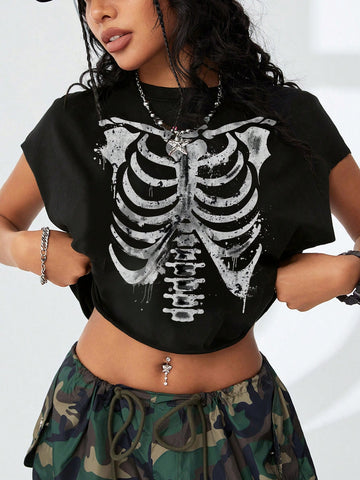 Black women's oversized crop t-shirt featuring a Beautiful graphic print, round neckline, and batwing cap sleeves.