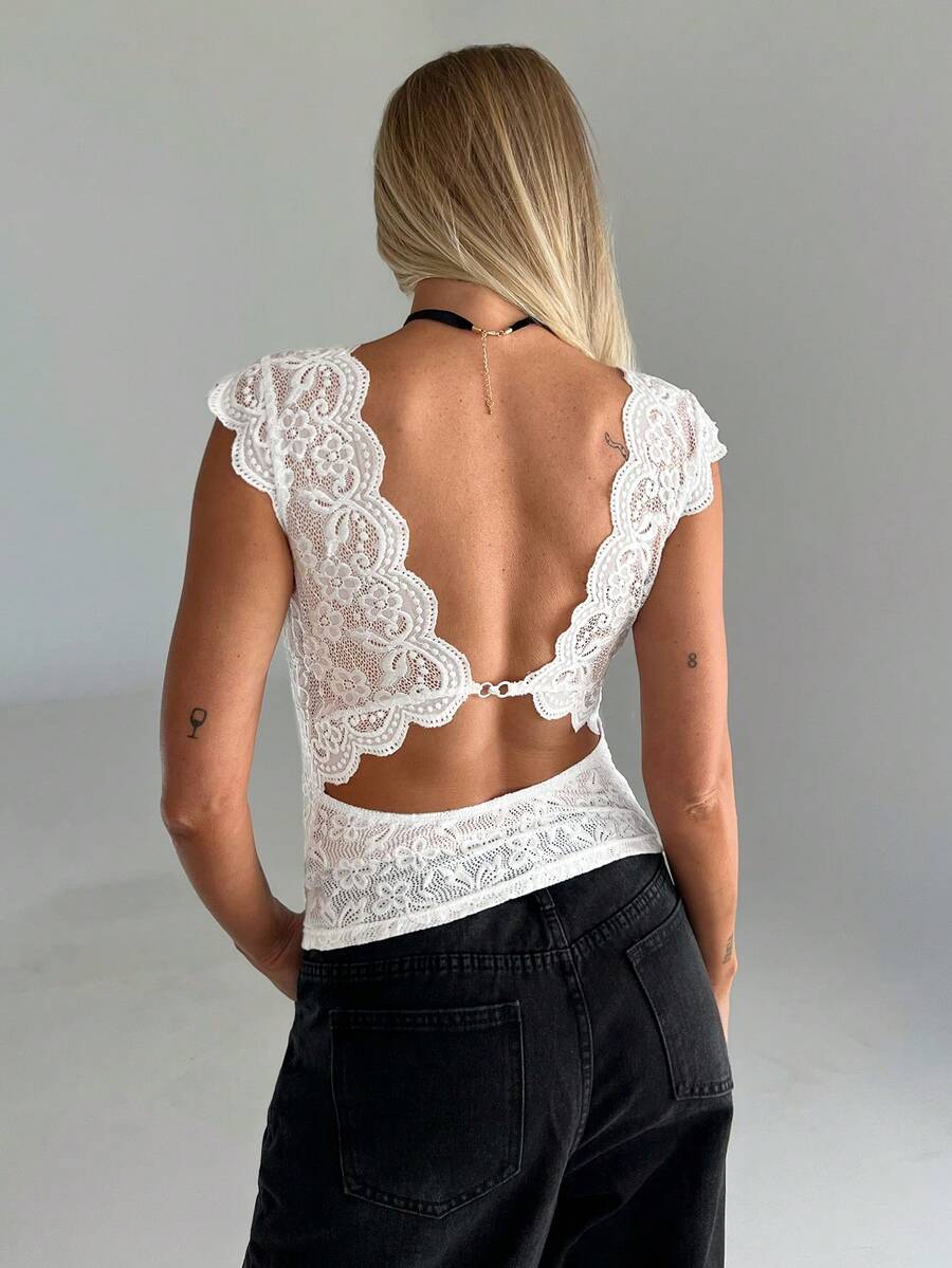 Firerie Women's Deep V-Neck Lace Fitted Camisole with scallop trim and contrast lace details.