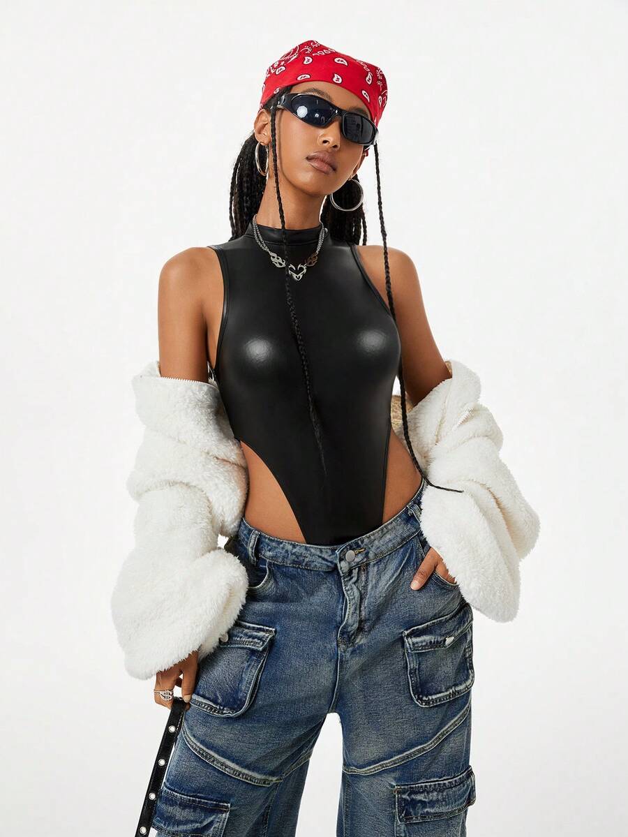 Women's slim fit sleeveless bodysuit with a stand collar and crisscross backless design in coated fabric.
