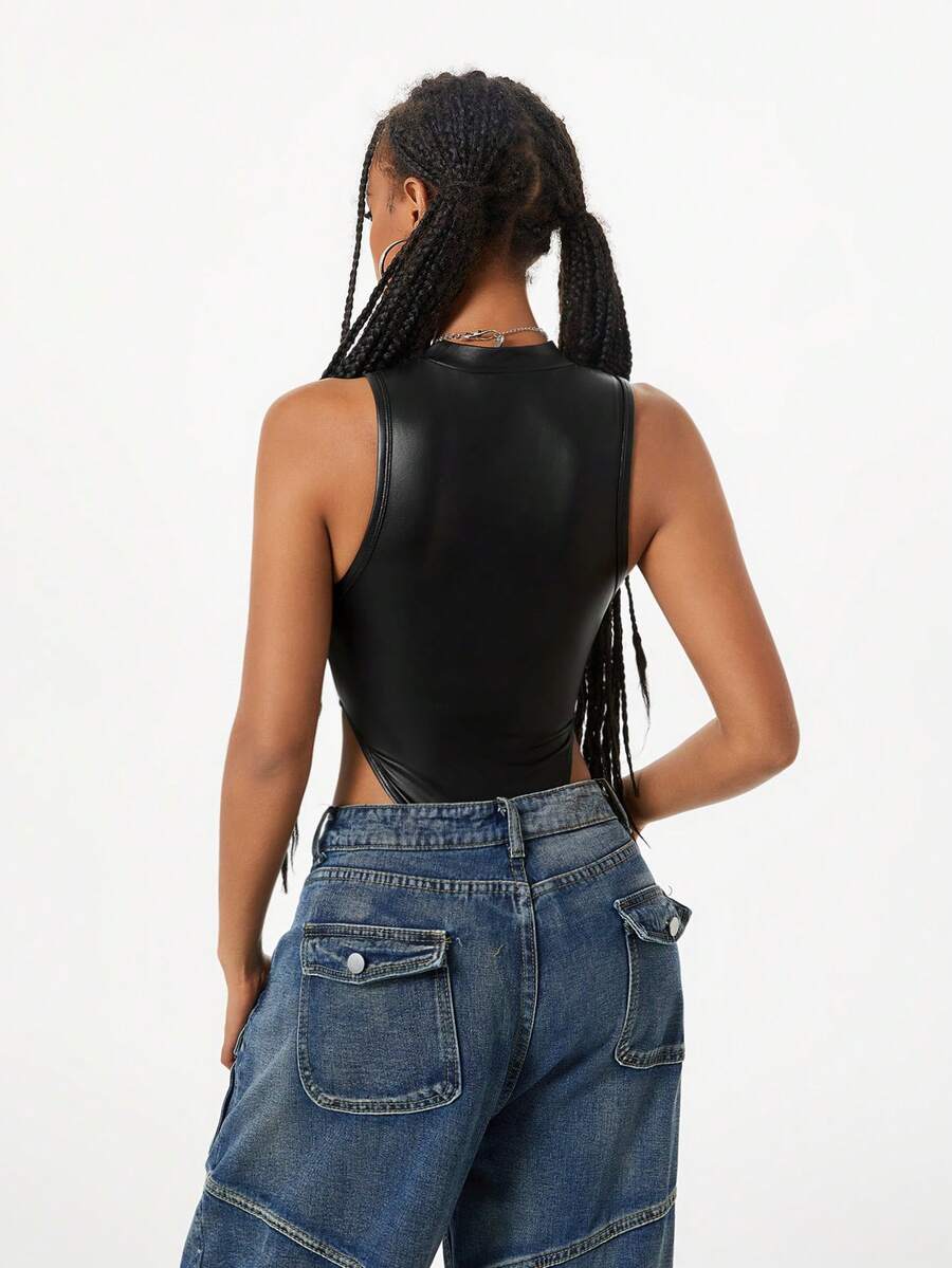 Women's slim fit sleeveless bodysuit with a stand collar and crisscross backless design in coated fabric.