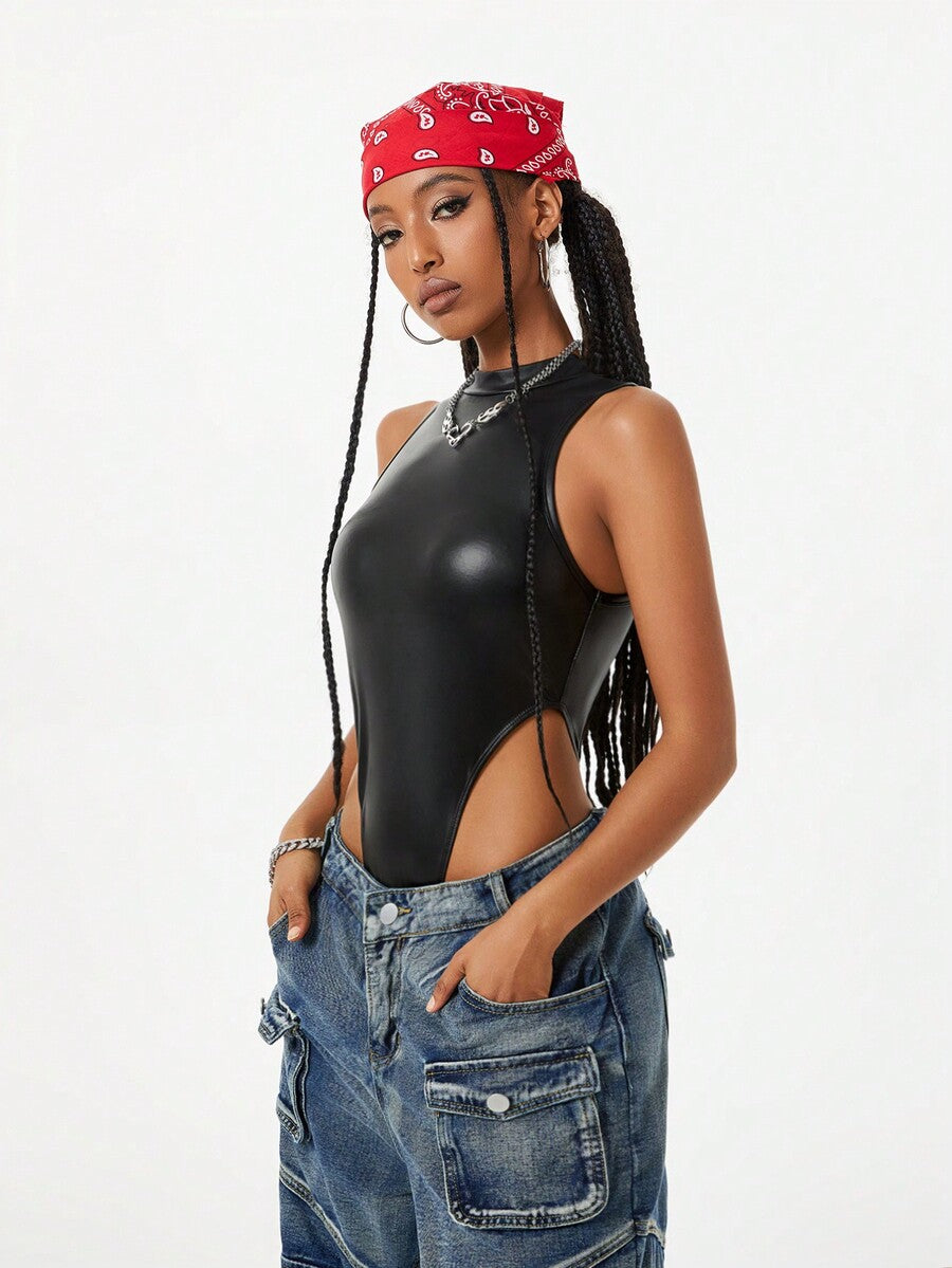 Women's slim fit sleeveless bodysuit with a stand collar and crisscross backless design in coated fabric.
