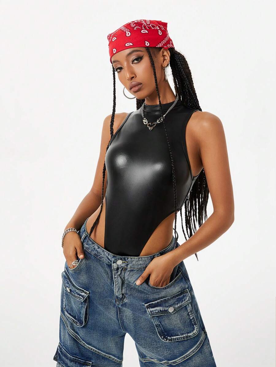 Women's slim fit sleeveless bodysuit with a stand collar and crisscross backless design in coated fabric.