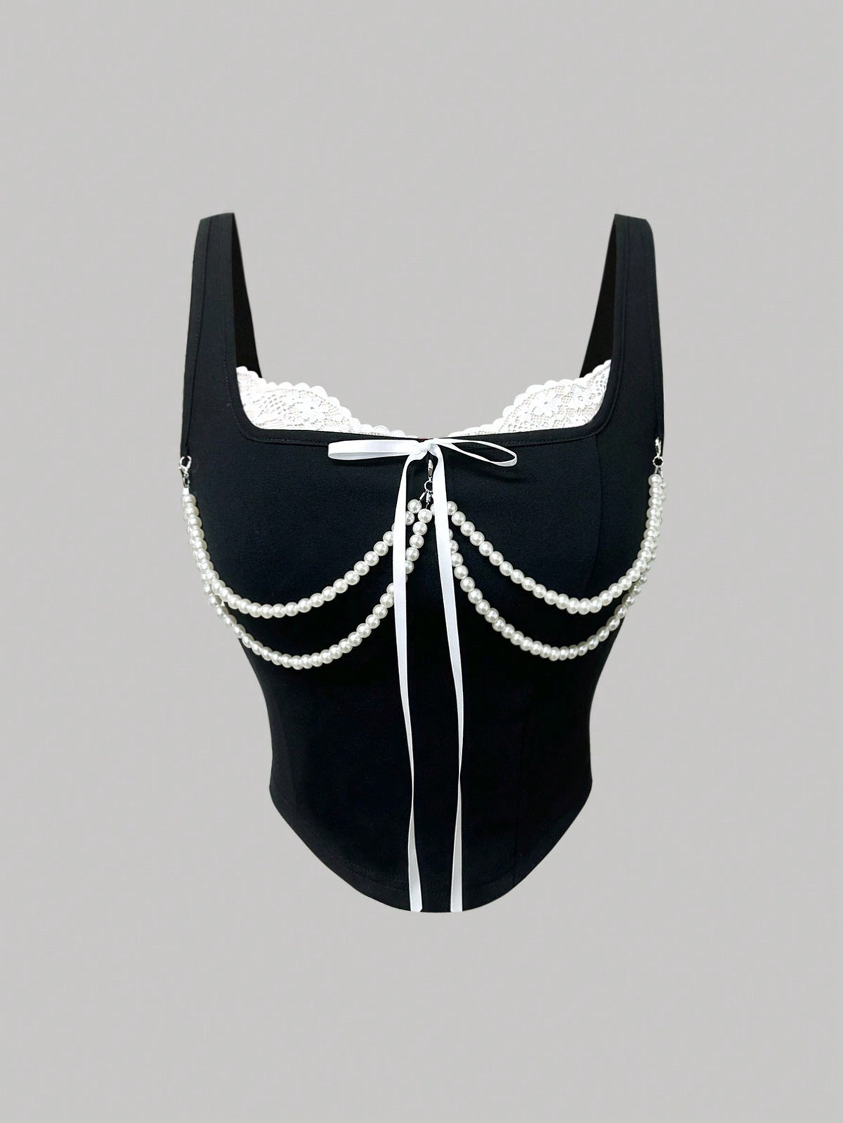 women's black wide-strap tank top featuring a lace collar, detachable bow chain decor with pearl details, and an asymmetrical hem.