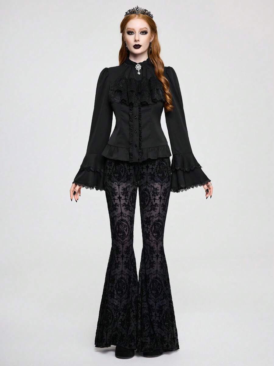 Vintage gothic style women's blouse with stand collar, detachable ruffled bow tie, gem pendant, and flare sleeves