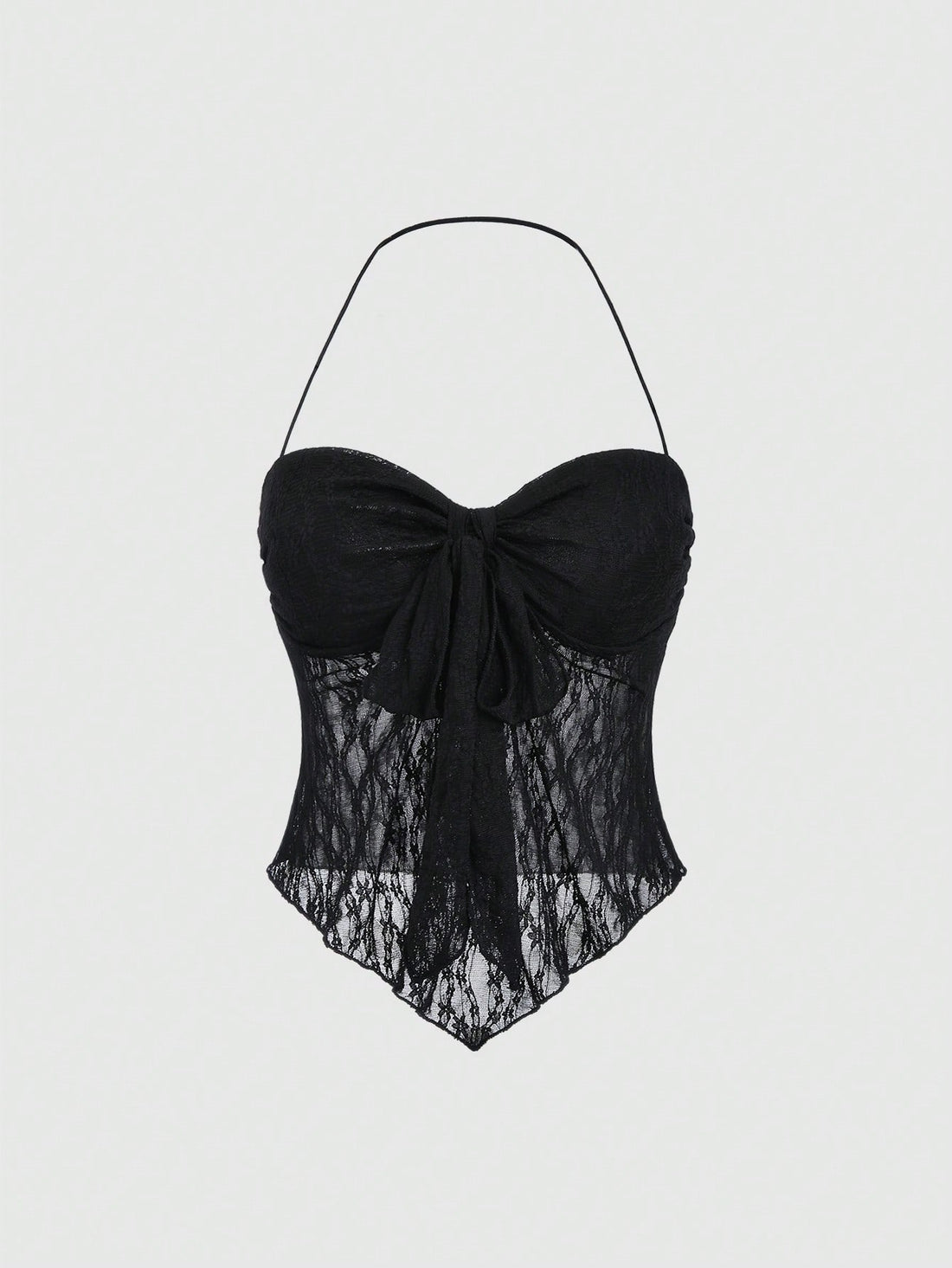 Women's black lace halter crop top with contrast bow front, backless styling, semi-sheer finish, and asymmetrical hem