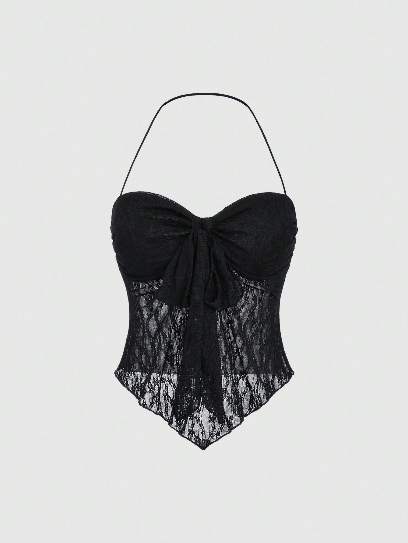 Women's black lace halter crop top with contrast bow front, backless styling, semi-sheer finish, and asymmetrical hem