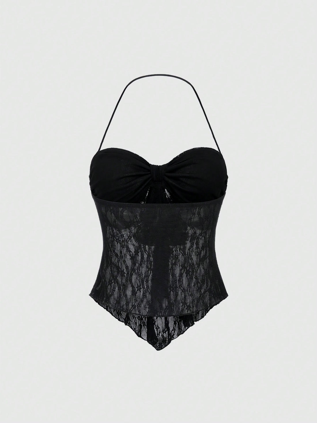 Women's black lace halter crop top with contrast bow front, backless styling, semi-sheer finish, and asymmetrical hem