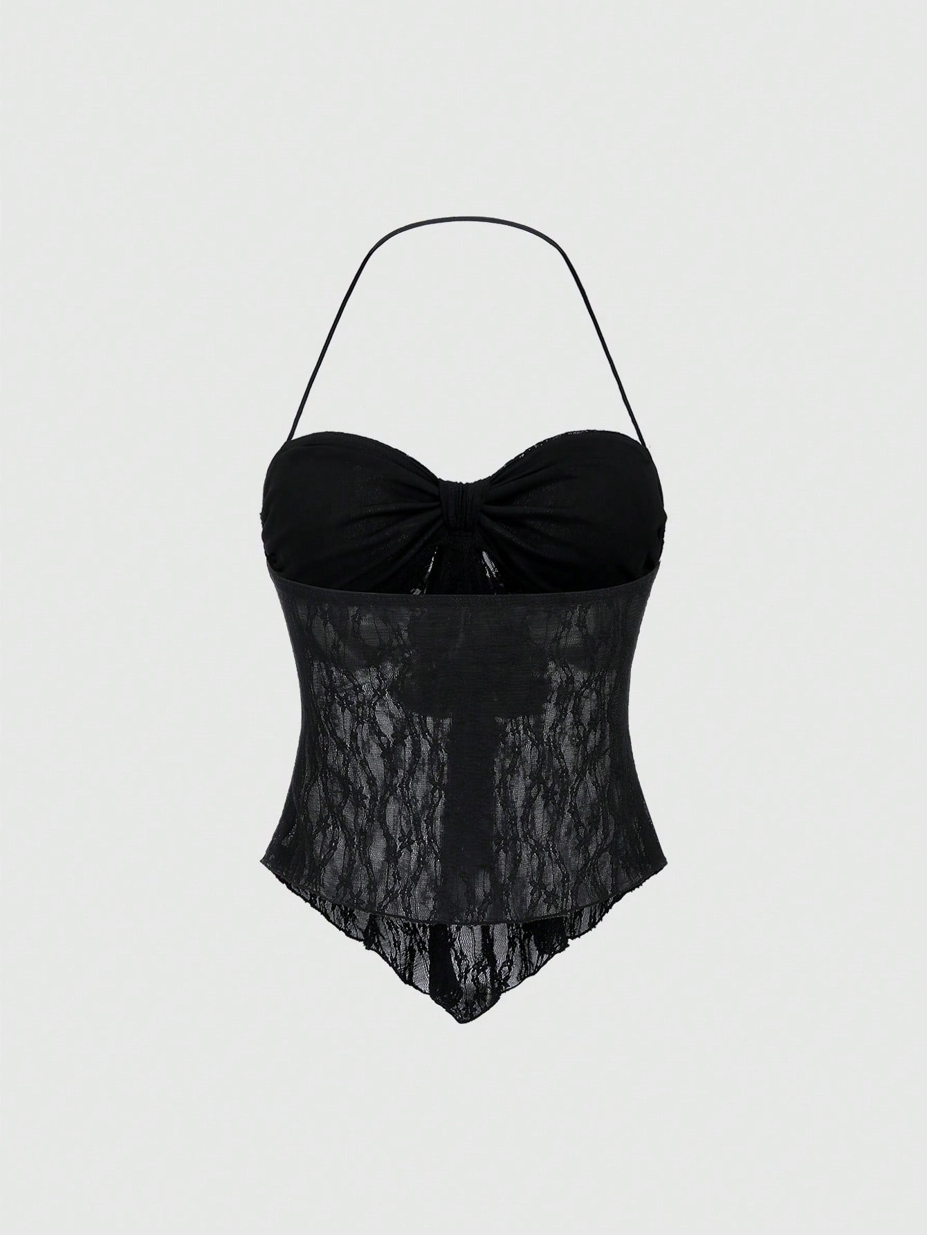 Women's black lace halter crop top with contrast bow front, backless styling, semi-sheer finish, and asymmetrical hem