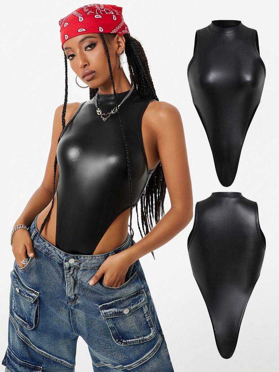 Women's slim fit sleeveless bodysuit with a stand collar and crisscross backless design in coated fabric.