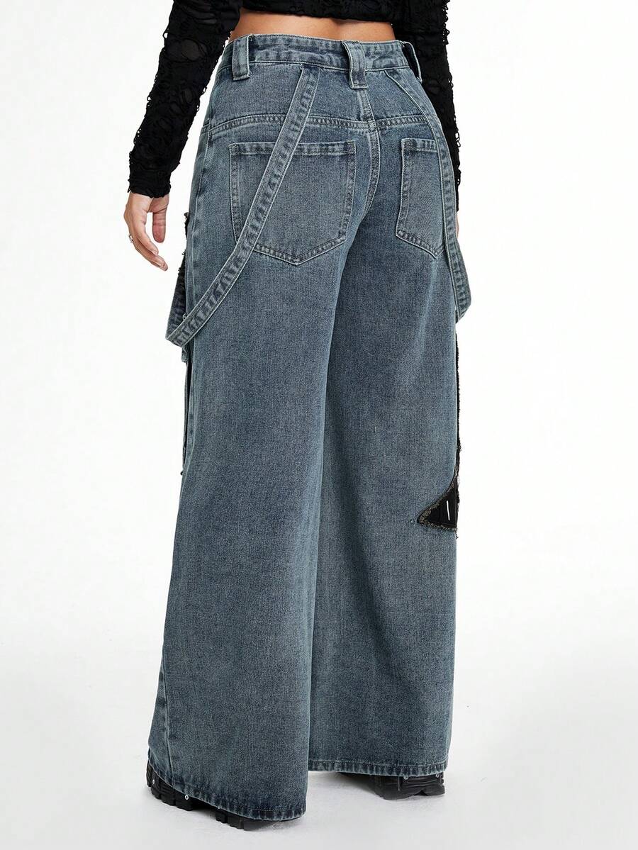 Women's loose fit wide leg cargo jeans in distressed washed denim featuring star patch details and side pockets.