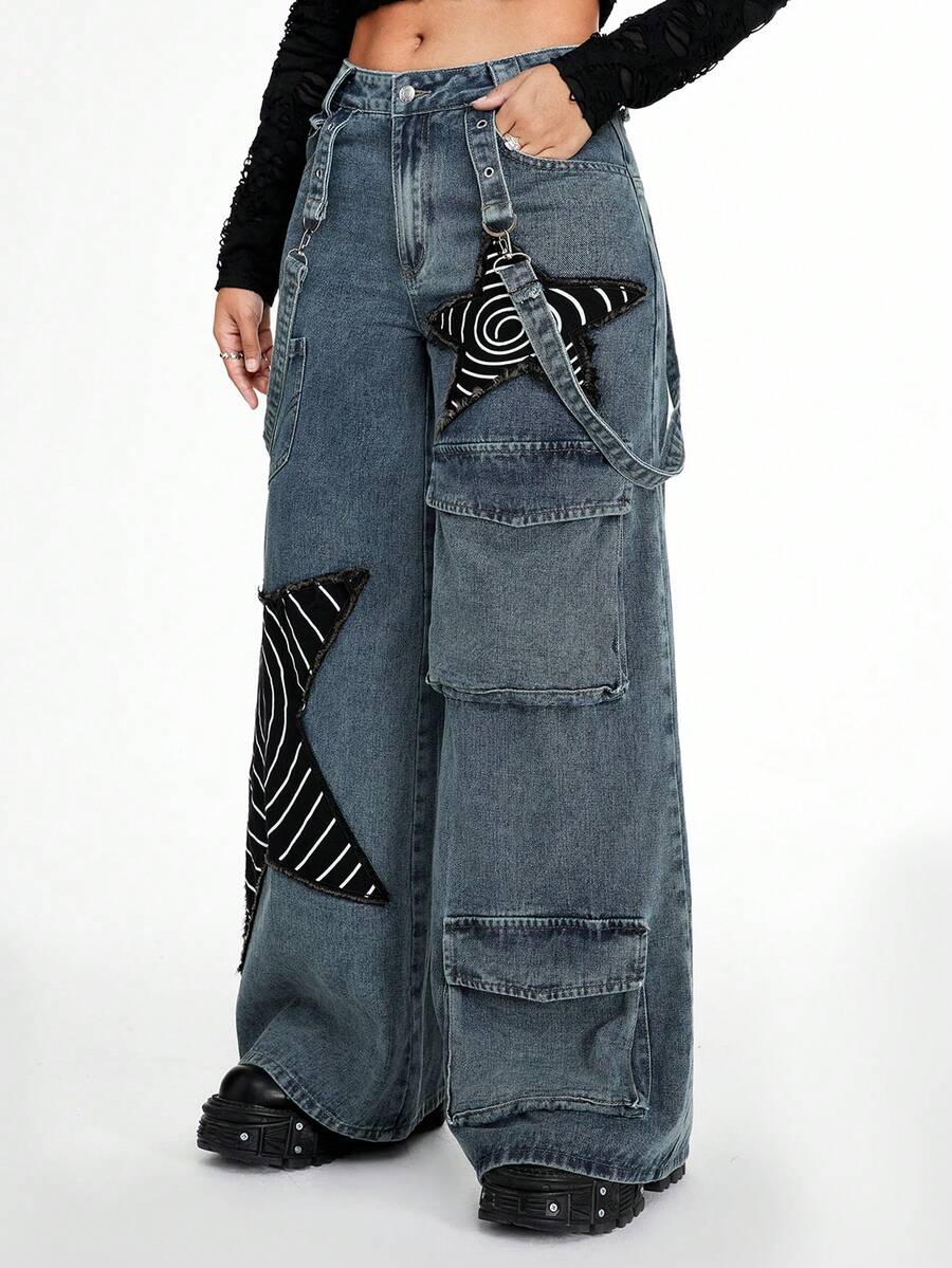 Women's loose fit wide leg cargo jeans in distressed washed denim featuring star patch details and side pockets.