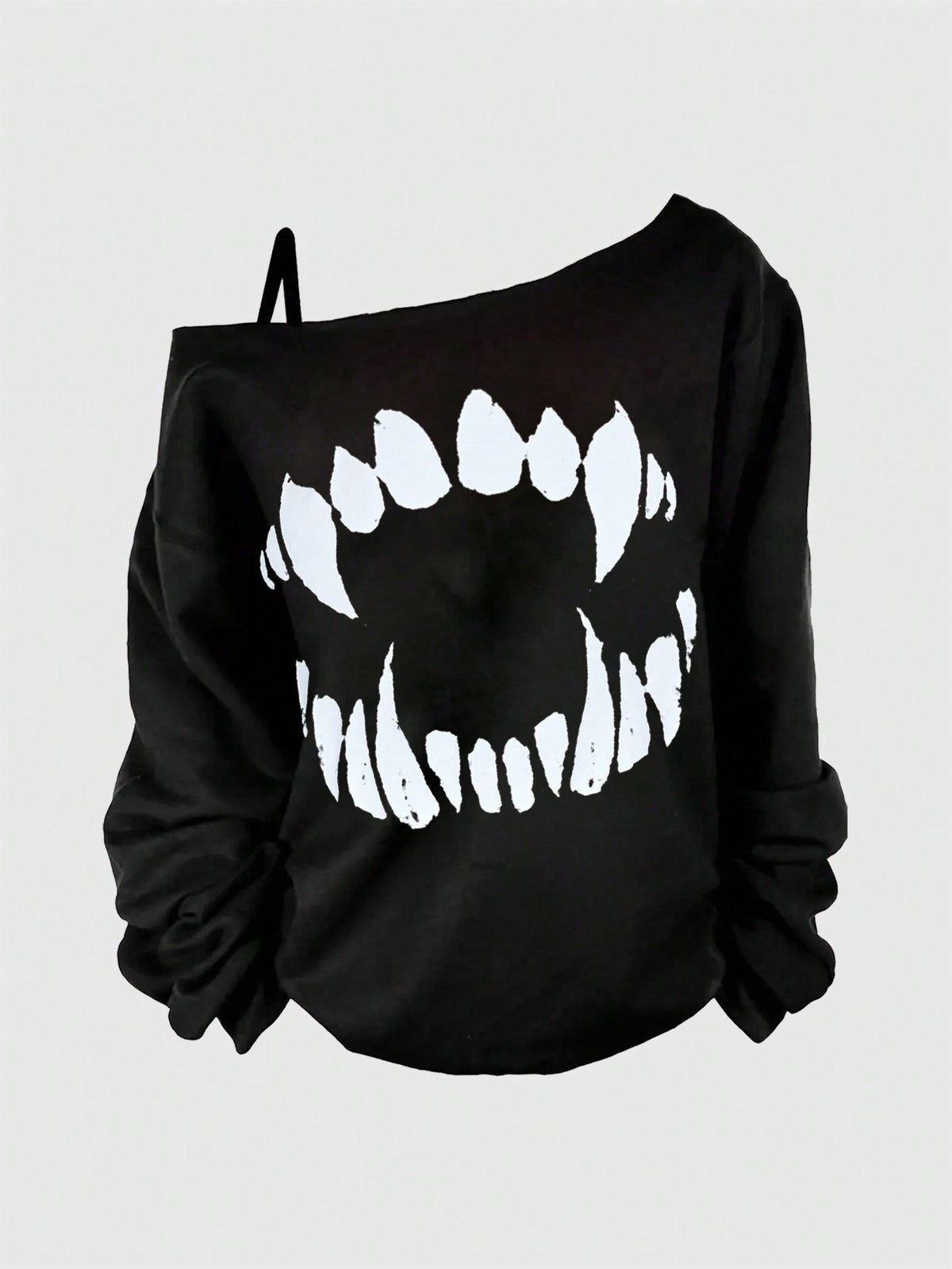 Black women's loose long sleeve gothic sweatshirt with an asymmetrical neckline, strap detail, and fang graphic print.