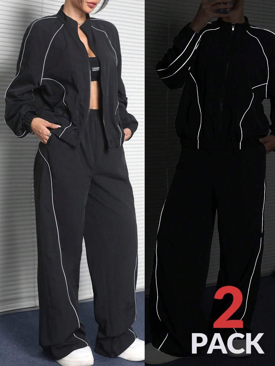 Women's black casual reflective windbreaker sports set featuring a loose stand collar zip jacket and matching unlined pants.