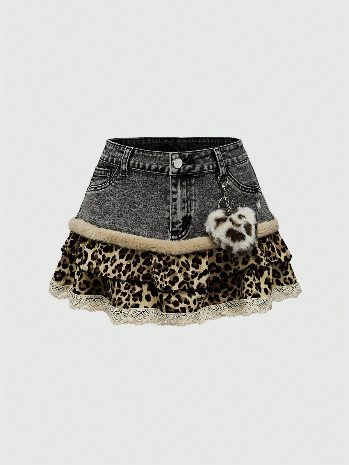 Blue Y2K grunge punk patchwork super short mini skirt with leopard floral trim, contrast lace ruffle hem, zipper, and ultra low waist.