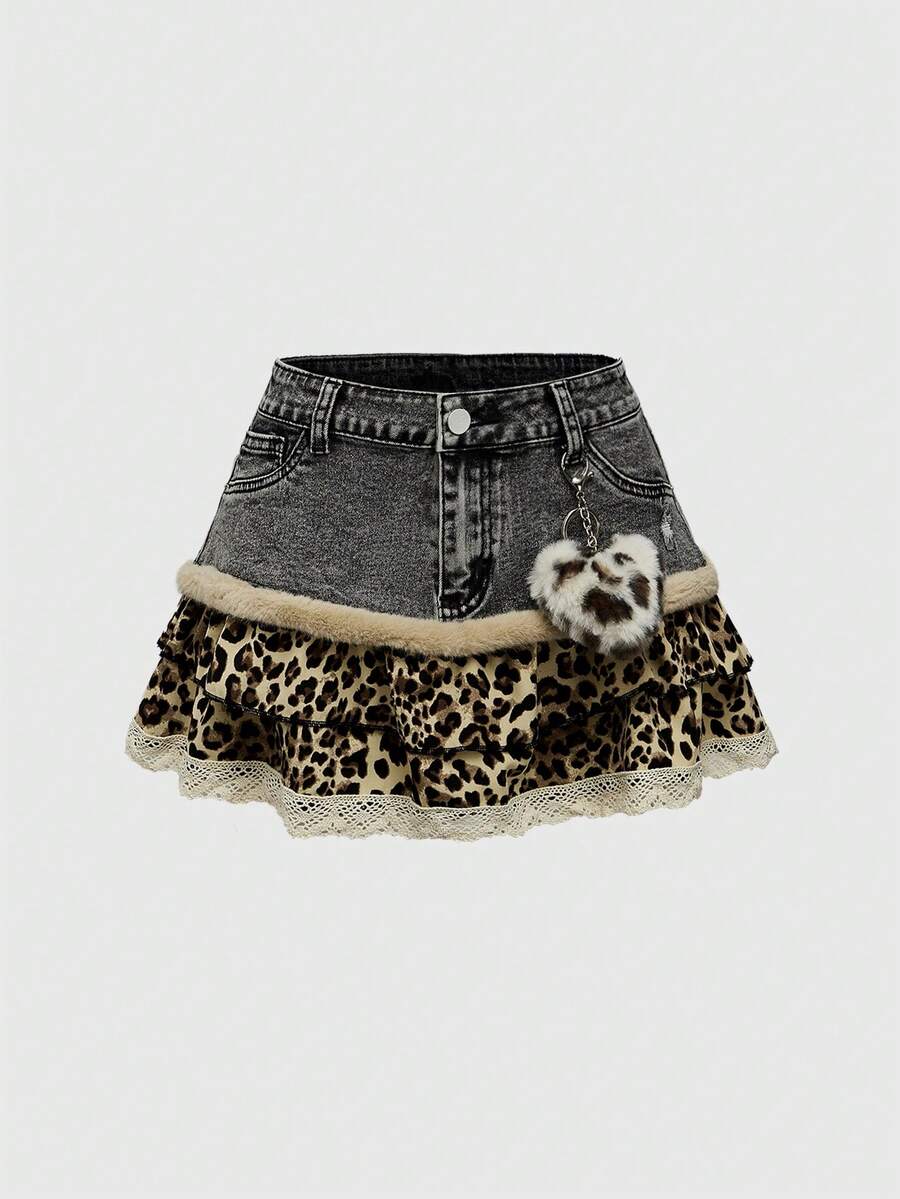 Blue Y2K grunge punk patchwork super short mini skirt with leopard floral trim, contrast lace ruffle hem, zipper, and ultra low waist.