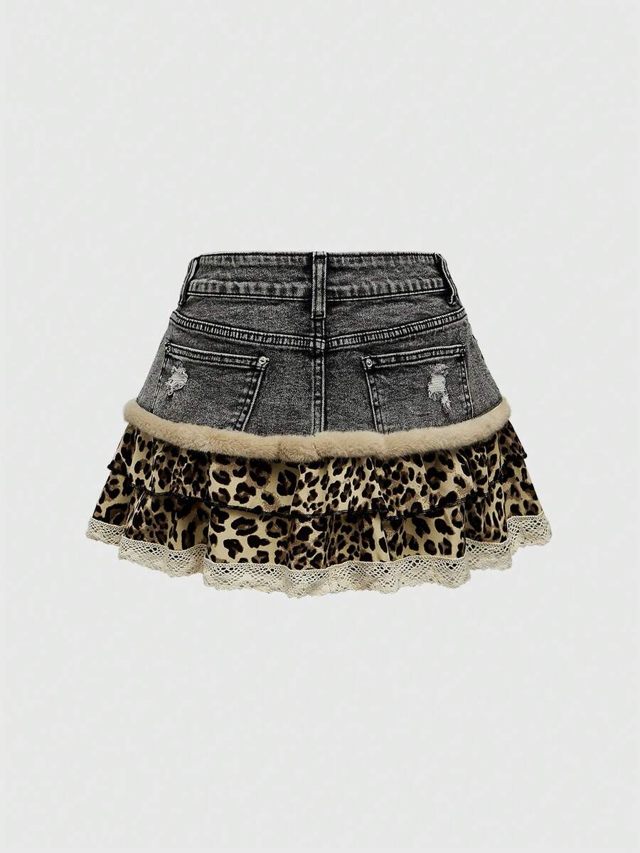 Blue Y2K grunge punk patchwork super short mini skirt with leopard floral trim, contrast lace ruffle hem, zipper, and ultra low waist.