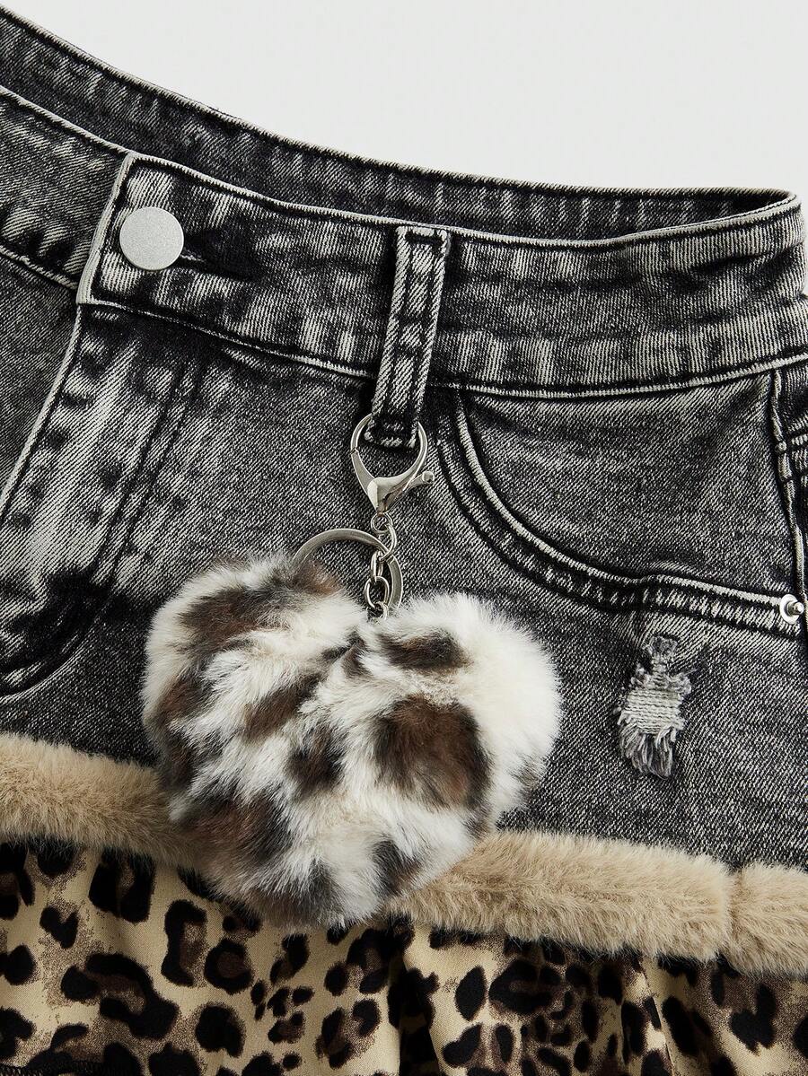 Blue Y2K grunge punk patchwork super short mini skirt with leopard floral trim, contrast lace ruffle hem, zipper, and ultra low waist.