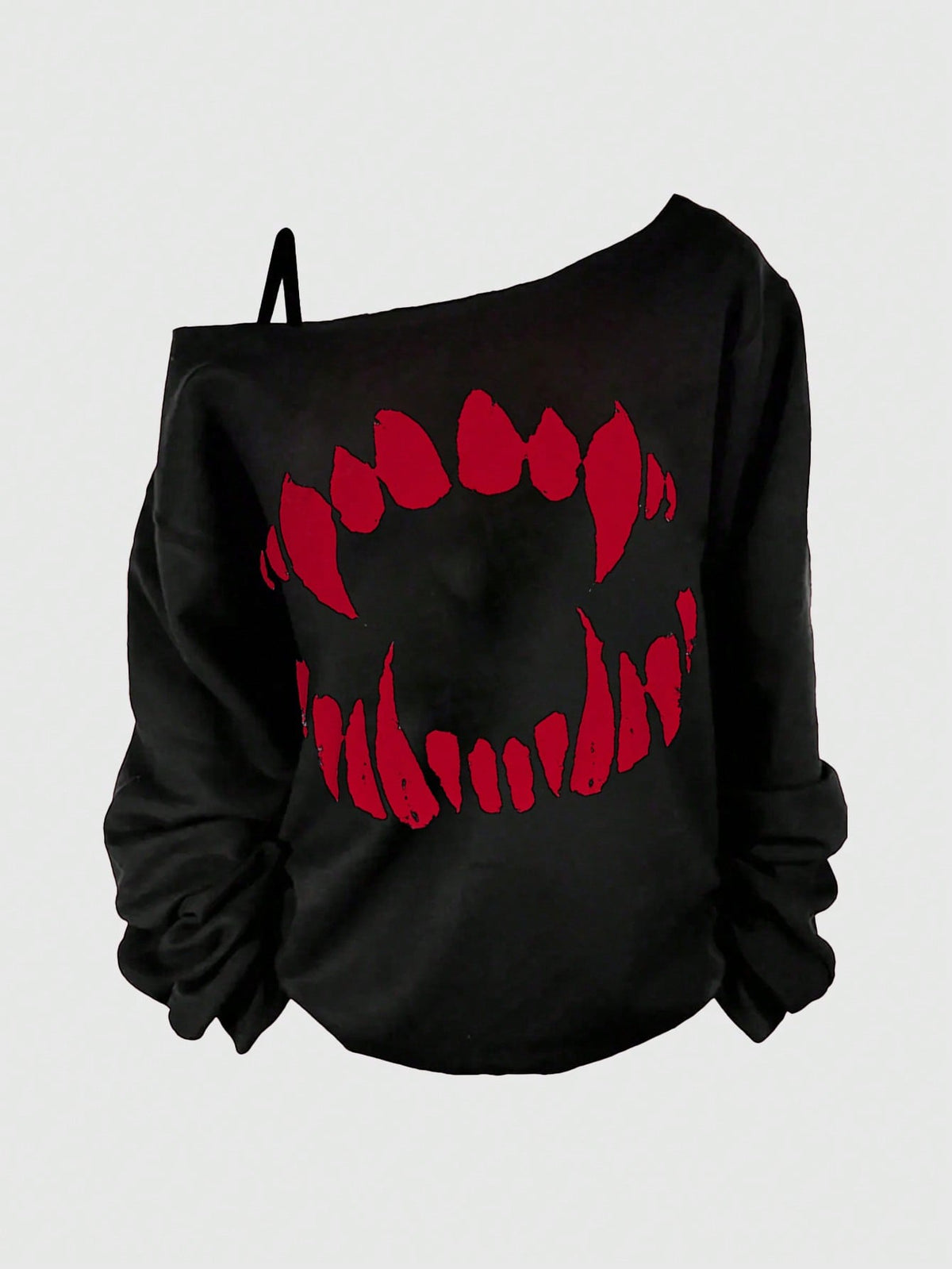 Black women's loose long sleeve gothic sweatshirt with an asymmetrical neckline, strap detail, and fang graphic print.