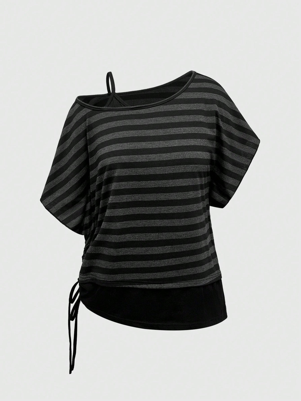 Women's striped t-shirt featuring an asymmetric cold shoulder neckline, batwing short sleeves, and ruched drawstring details in a loose knit fit.