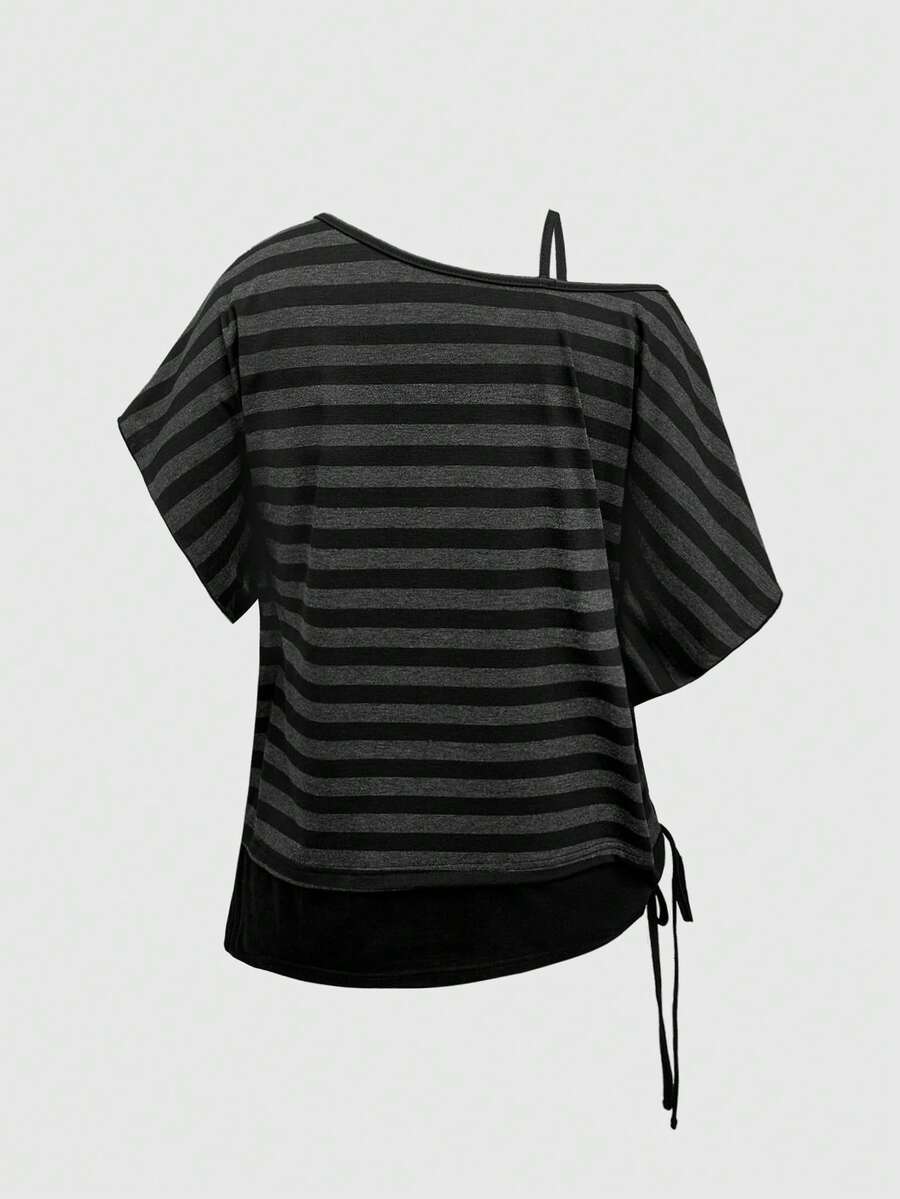Women's striped t-shirt featuring an asymmetric cold shoulder neckline, batwing short sleeves, and ruched drawstring details in a loose knit fit.