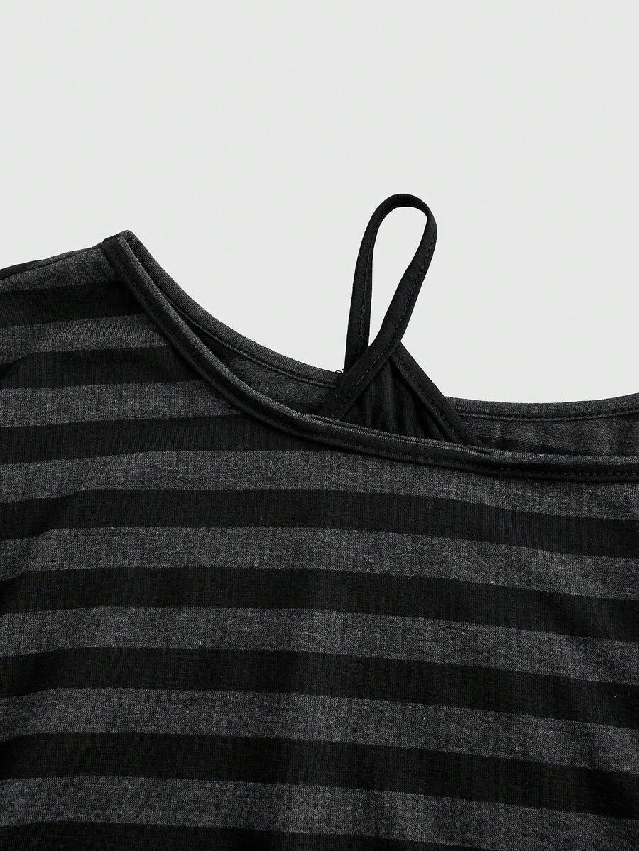 Women's striped t-shirt featuring an asymmetric cold shoulder neckline, batwing short sleeves, and ruched drawstring details in a loose knit fit.
