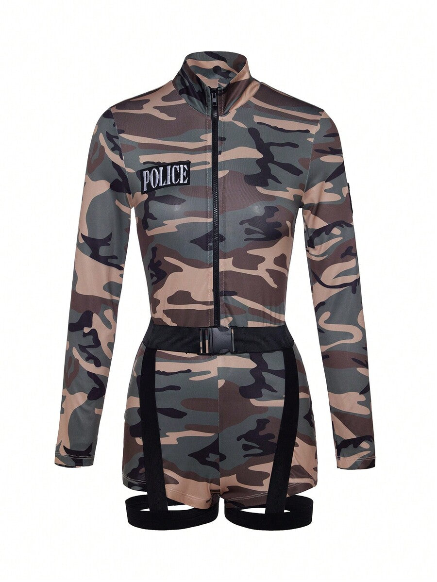 Women's blue colorblock police costume set featuring a long sleeve front zipper jumpsuit, turn-down collar, and matching waist belt with leg garter.