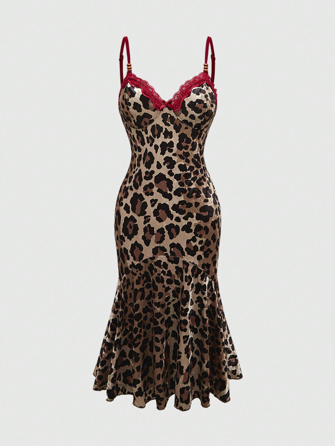 Women's sleeveless leopard print halter cocktail dress featuring contrast lace details, a backless cut, high waist, and a mermaid ruffle hem.