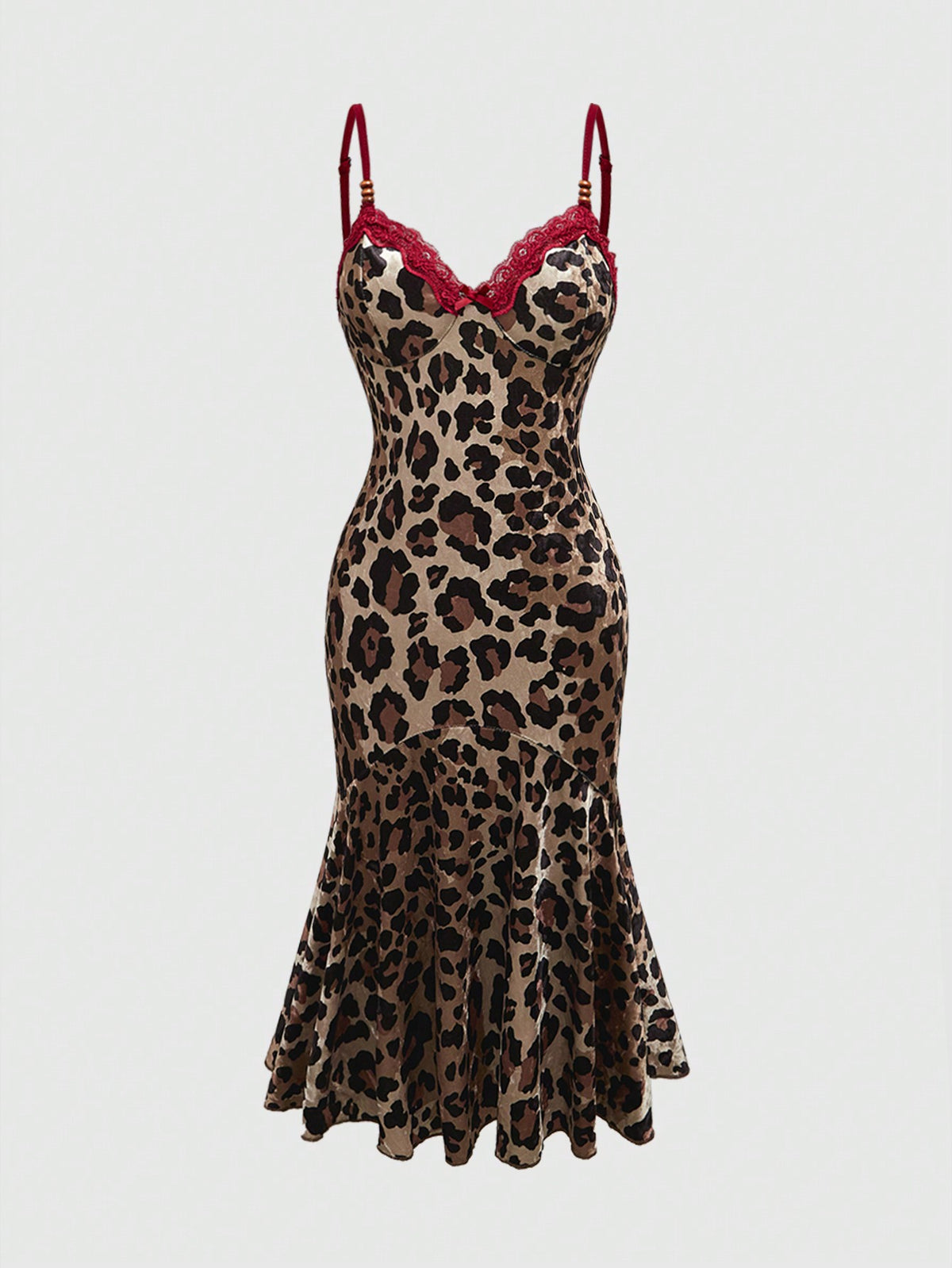 Women's sleeveless leopard print halter cocktail dress featuring contrast lace details, a backless cut, high waist, and a mermaid ruffle hem.