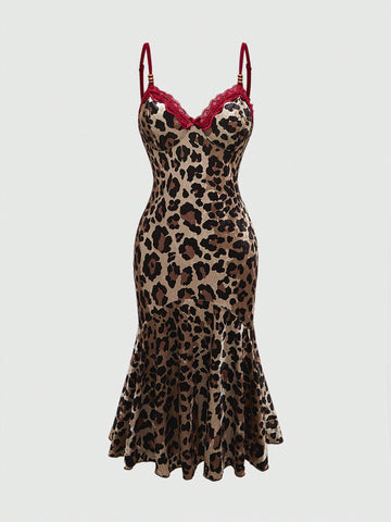 Women's sleeveless leopard print halter cocktail dress featuring contrast lace details, a backless cut, high waist, and a mermaid ruffle hem.