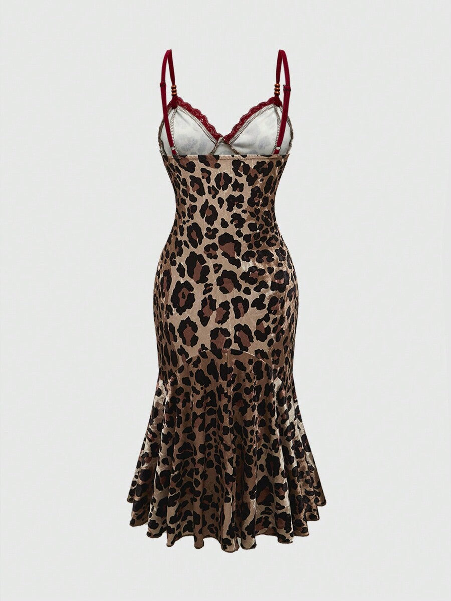 Women's sleeveless leopard print halter cocktail dress featuring contrast lace details, a backless cut, high waist, and a mermaid ruffle hem.