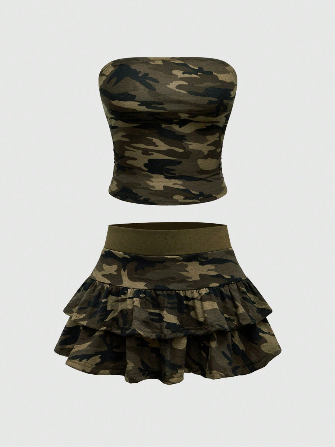 Multicolor camo print two-piece outfit with strapless bandeau crop top and matching ruched tiered mini skirt with ruffle hem.