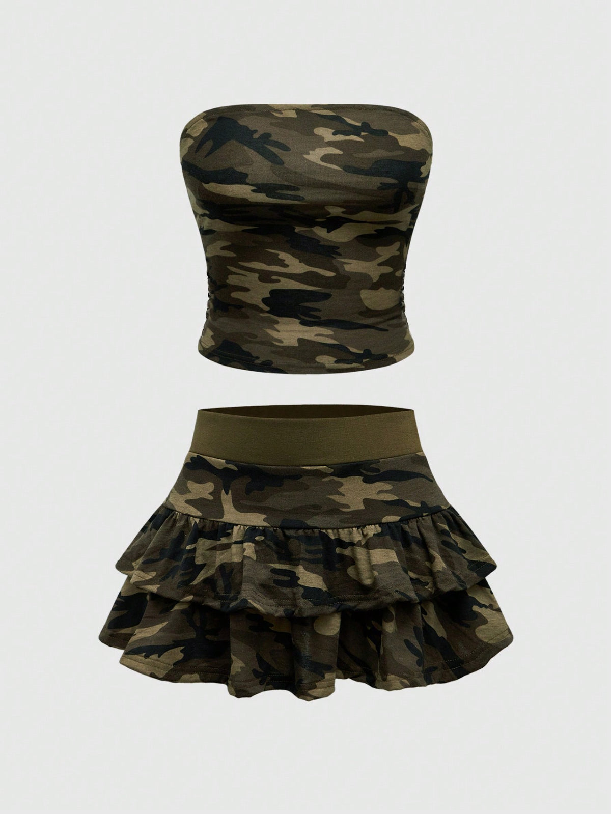 Multicolor camo print two-piece outfit with strapless bandeau crop top and matching ruched tiered mini skirt with ruffle hem.