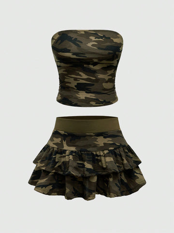 Multicolor camo print two-piece outfit with strapless bandeau crop top and matching ruched tiered mini skirt with ruffle hem.