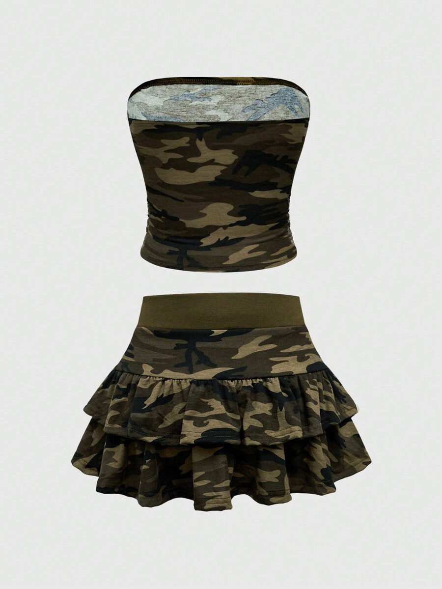 Multicolor camo print two-piece outfit with strapless bandeau crop top and matching ruched tiered mini skirt with ruffle hem.