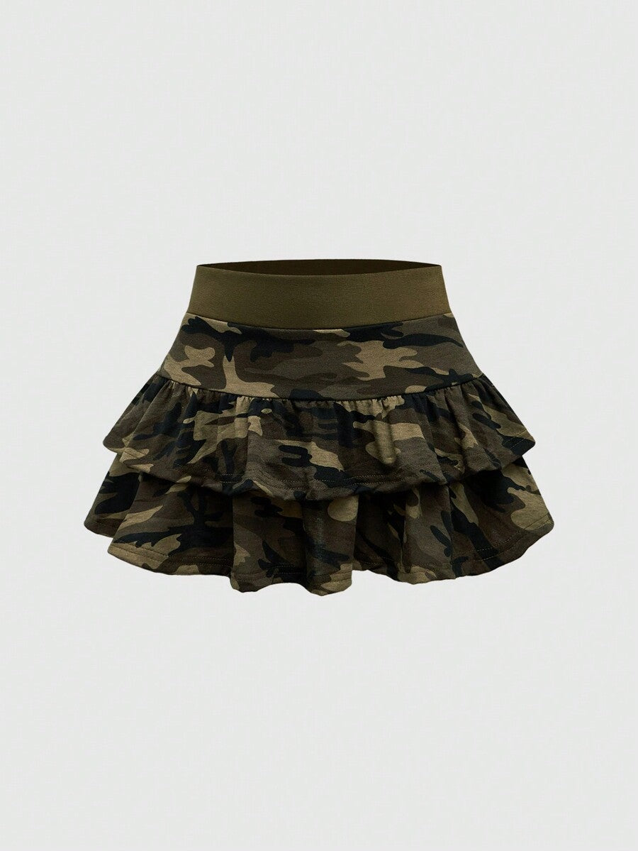 Multicolor camo print two-piece outfit with strapless bandeau crop top and matching ruched tiered mini skirt with ruffle hem.