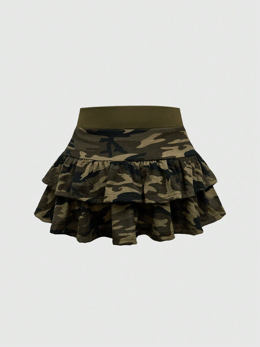 Multicolor camo print two-piece outfit with strapless bandeau crop top and matching ruched tiered mini skirt with ruffle hem.