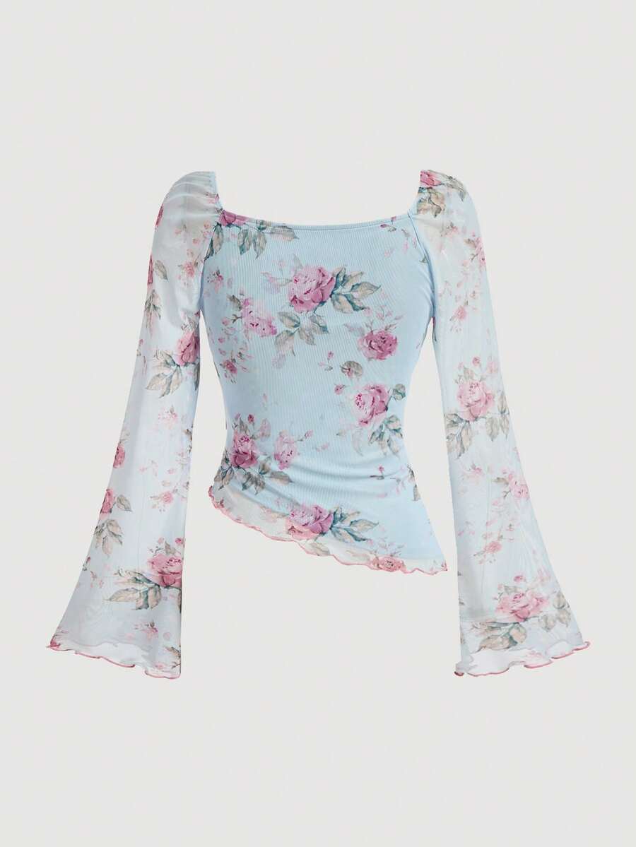 Women's polka dot mesh T-shirt with long flare sleeves, square neckline, bow detail, and asymmetric ruffle hem.