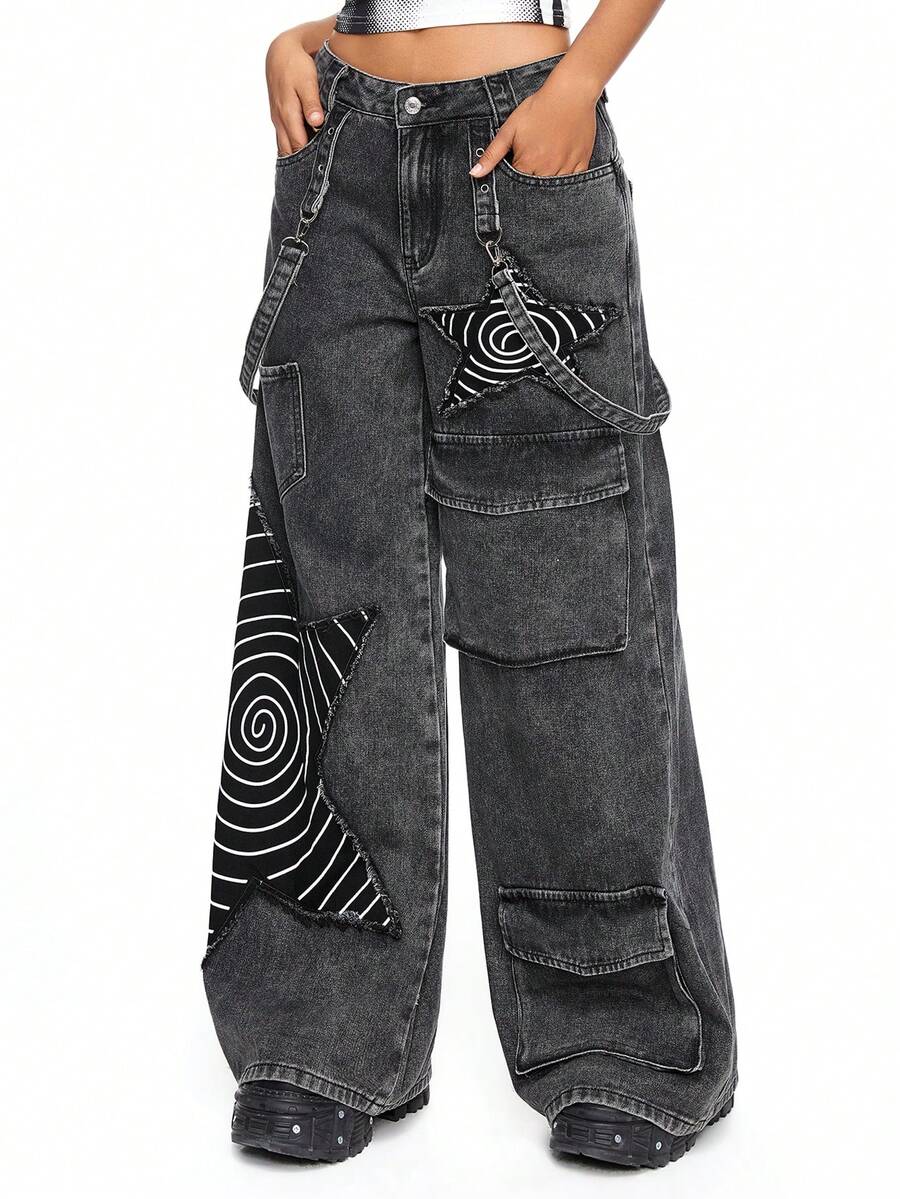 Women's loose fit wide leg cargo jeans in distressed washed denim featuring star patch details and side pockets.