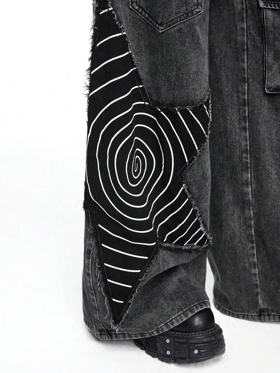 Women's loose fit wide leg cargo jeans in distressed washed denim featuring star patch details and side pockets.