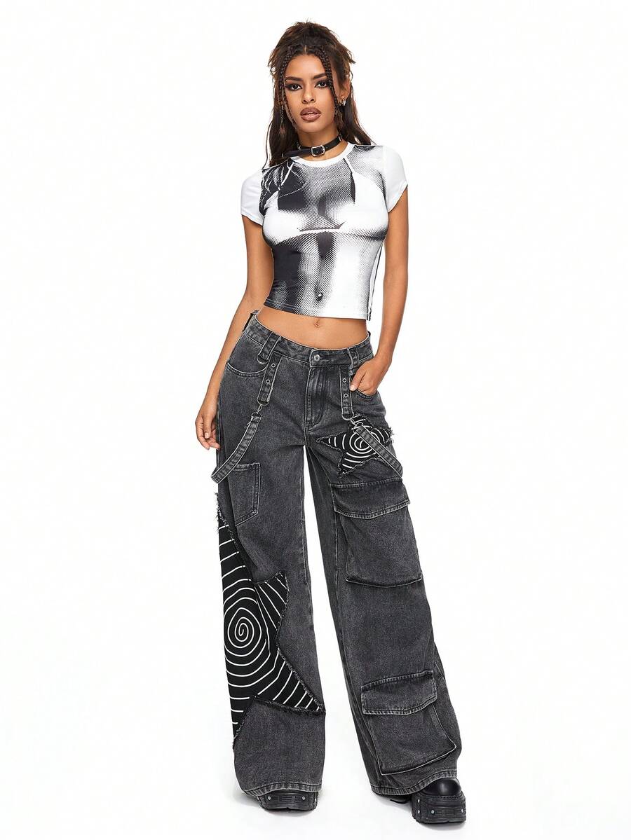 Women's loose fit wide leg cargo jeans in distressed washed denim featuring star patch details and side pockets.