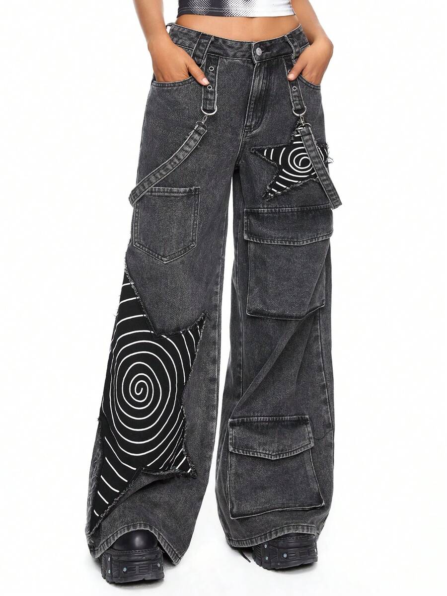 Women's loose fit wide leg cargo jeans in distressed washed denim featuring star patch details and side pockets.