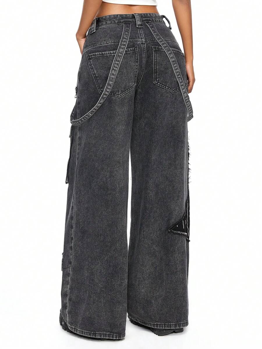 Women's loose fit wide leg cargo jeans in distressed washed denim featuring star patch details and side pockets.